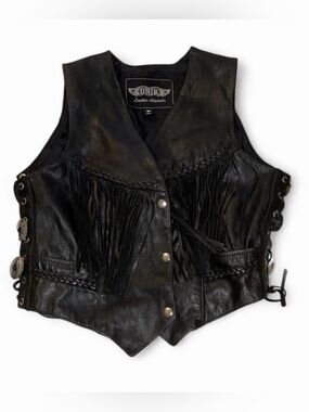 Unik Black Leather Fringe Lace-Up Vest